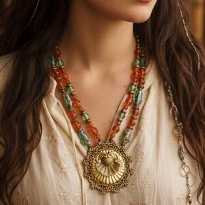 NWOT Anthony Alexander Eclectic Bohemian Artisan Beads Gold Pendant Jewelry Set